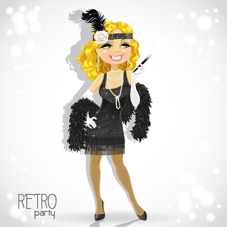 Cute blond woman with mouthpiece on white Retro party cardのイラスト素材