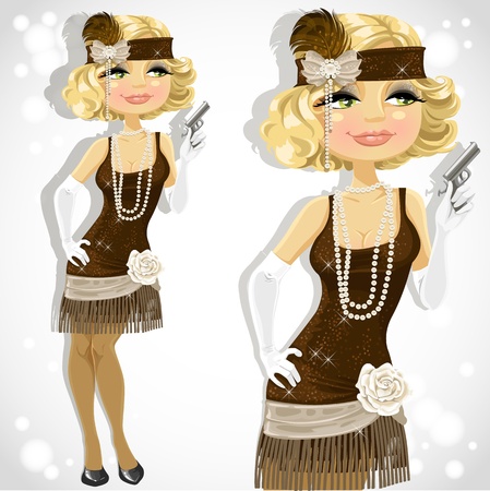 Blond woman with small pistol in retro dress のイラスト素材