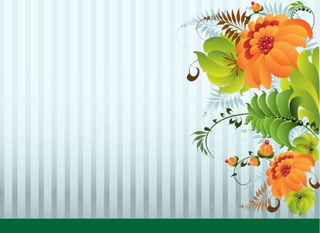 Petrikovsky ornament with orange flowers and green leawes on blue のイラスト素材