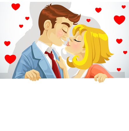 Ilustración de Beautiful young couple in love kissing and holding big banner - Imagen libre de derechos