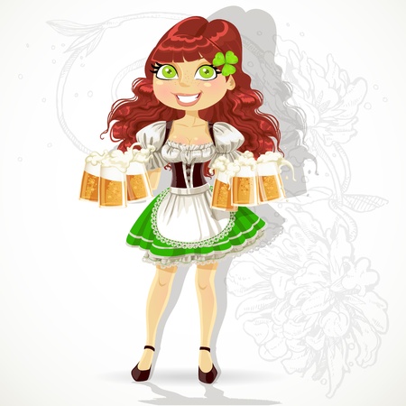 Cute girl with glasses of beer in a suit St  Patrick s Day のイラスト素材