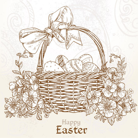 Happy Easter card with a basket of Easter eggs in vintage colorsのイラスト素材
