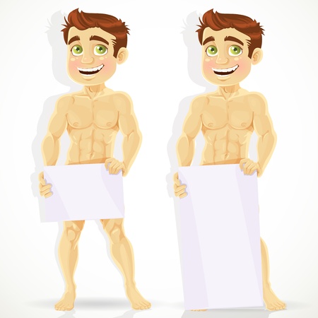 Cute naked man with posters for your messageのイラスト素材
