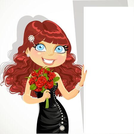 Beautiful girl in evening dress with bouquet of red roses holds a bannerのイラスト素材