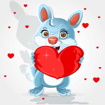 Cute little bunny holds a soft red heart-pillow Valentine giftのイラスト素材