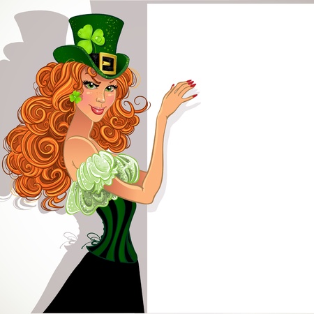 Pretty slim red-haired girl Leprechaun holding a large banner for your messageのイラスト素材