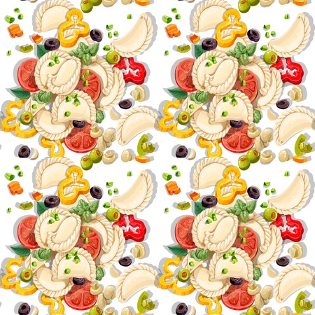 Seamless pattern of Ukrainian national dish dumplings with greens and vegetablesのイラスト素材