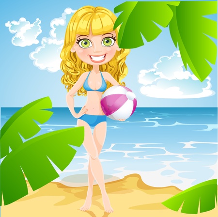 Playful girl in bathing suits with inflatable ball on sunny beachのイラスト素材