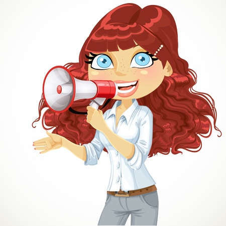 Cute curly haired girl speaks in a megaphone isolated on white backgroundのイラスト素材