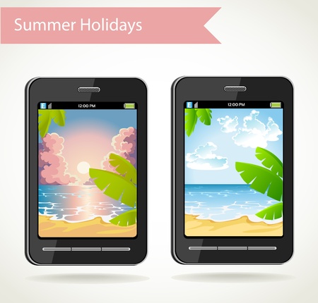 Smart phone with a photo of sunset and palm trees and beach day of cloudsのイラスト素材