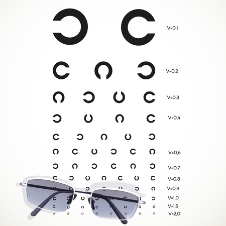 Table for eye tests with glasses on white backgroundのイラスト素材
