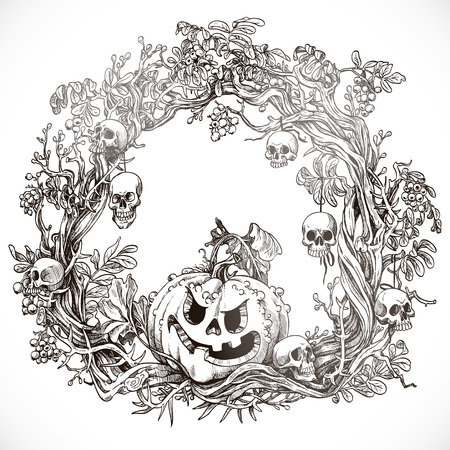 Festive decorative Halloween wreath graphic drawingのイラスト素材
