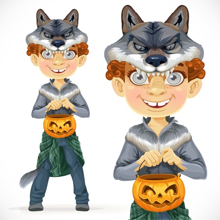 Cute boy dressed as a werewolf with basket for sweetsのイラスト素材