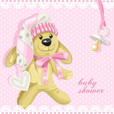 Baby shower card with pink soft toy rabbit and baby's dummyのイラスト素材