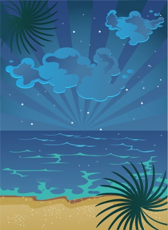 vector picture of cartoon summer nocturnal beach with clouds on sky and starsのイラスト素材