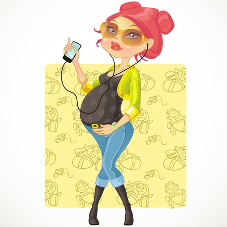 Pretty pregnant woman with phone on baby backgroundのイラスト素材