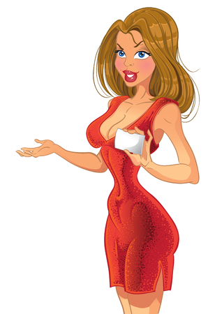 Promo girl with white blank card isolated on a white backgroundのイラスト素材