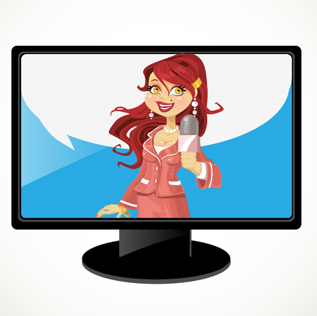 Redhaired reporter girl with speach bubbleのイラスト素材