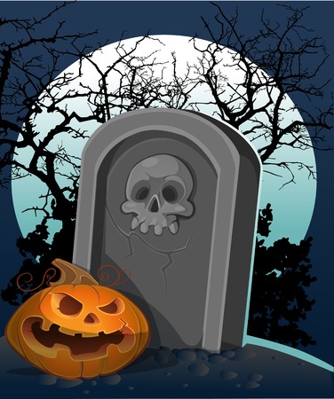 Halloween decoration - a grave with a pumpkin in the nightのイラスト素材