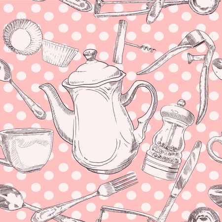 Seamless pattern of kitchen utensils vintage in light colorsのイラスト素材
