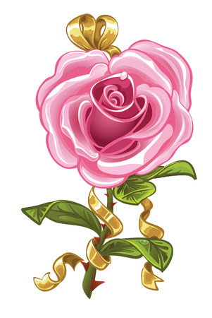 Pink rose in the shape of heart and gold bowのイラスト素材