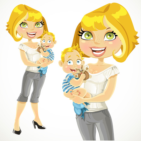 Pretty blond mom with her son in her armsのイラスト素材