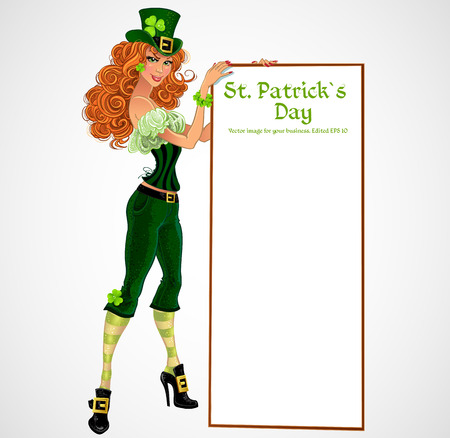 Pretty leprachaun girl with placard for textのイラスト素材
