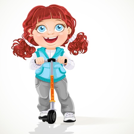 Little girl with curl hair pigtails on scooter isolated on a white backgroundのイラスト素材
