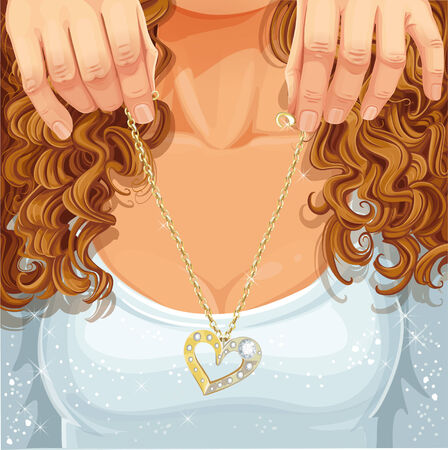 Male hand wear a gold chain with a heart pendant on a girlのイラスト素材