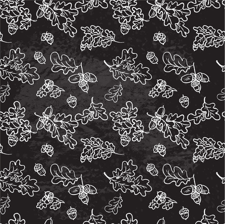 Seamless pattern of oak branches, leaves and acorns on black grungy backgroundのイラスト素材