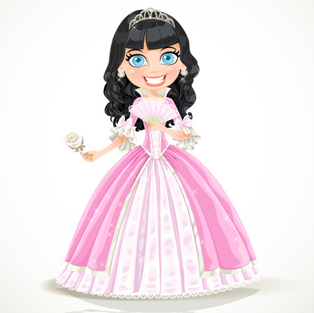 Beautiful brunette princess in a pink dress with a white rose in her handのイラスト素材