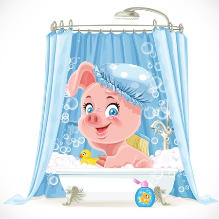 Cute pink little piggy taking a bath with foamのイラスト素材