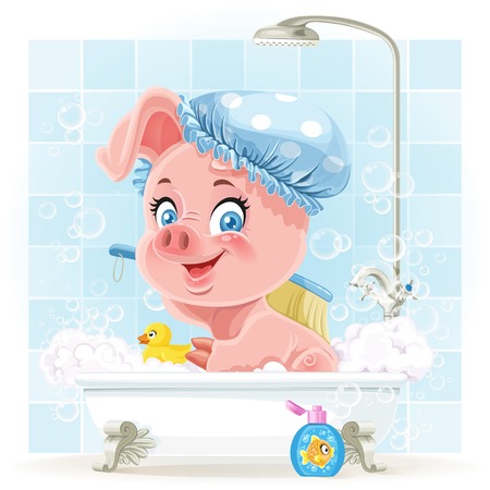 Pretty pink little piggy taking a bath with foamのイラスト素材