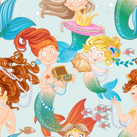 Seamless pattern with mermaids playing with jewelryのイラスト素材