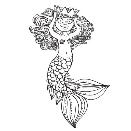 Beautiful little mermaid tries on crown outlinedのイラスト素材
