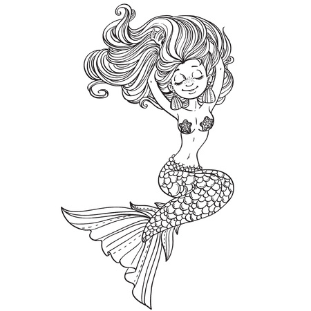 Beautiful mermaid with luxurious hair outlinedのイラスト素材