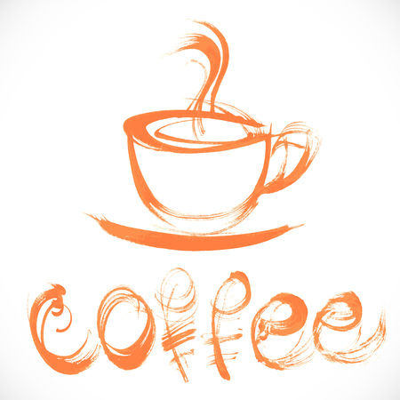 Drawing thick orange paint in broad strokes cup of coffee and a handwritten signatureのイラスト素材