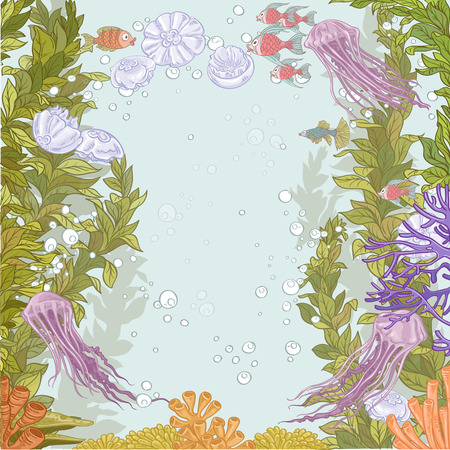 Underwater world with marine seaweed, fish and jellyfish for your textのイラスト素材