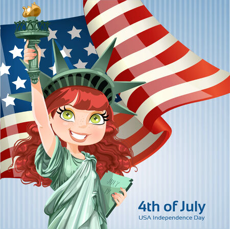 Poster with a beautiful girl dressed as statue of liberty on american flag backgroundのイラスト素材