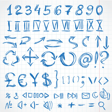 Handwritten icons and numerals from rough pencil strokes  On of exercise book in cellのイラスト素材