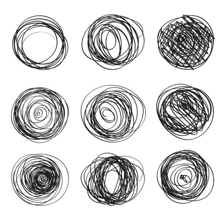 Big set of abstract chaotic round brush strokes sketchのイラスト素材
