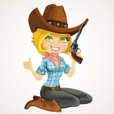 Cute blond cowgirl with colt sit on floorのイラスト素材