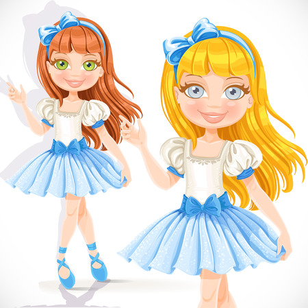 Cute little ballerina girl in blue dress isolated on a white backgroundのイラスト素材