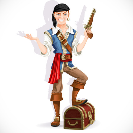 Cute pirate with pistol and chest isolated on a white backgroundのイラスト素材