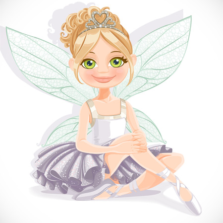 Fairy girl in white dress sit on floor isolated on a white backgroundのイラスト素材