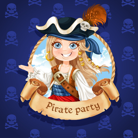 Cute girl pirate. Banner for Pirate partyのイラスト素材