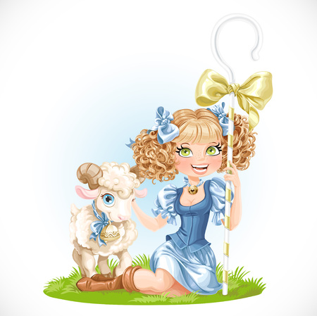 Cute shepherdess with lamb sit on green grassのイラスト素材