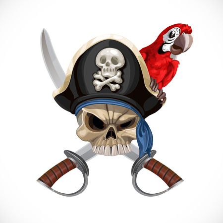Jolly Roger in pirat hat and with sabers and red parrotのイラスト素材