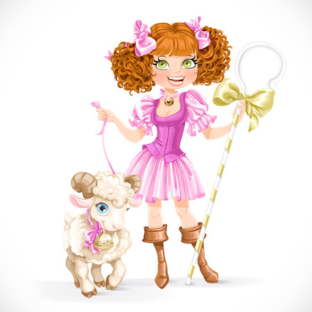 Cute brunette shepherdess with lamb isolated on a white backgroundのイラスト素材
