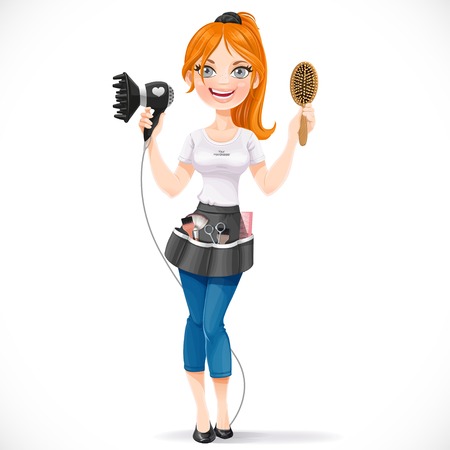 Cute redhead girl hairdresser with hair dryer and hairbrush portrait in full growth isolated on a white backgroundのイラスト素材